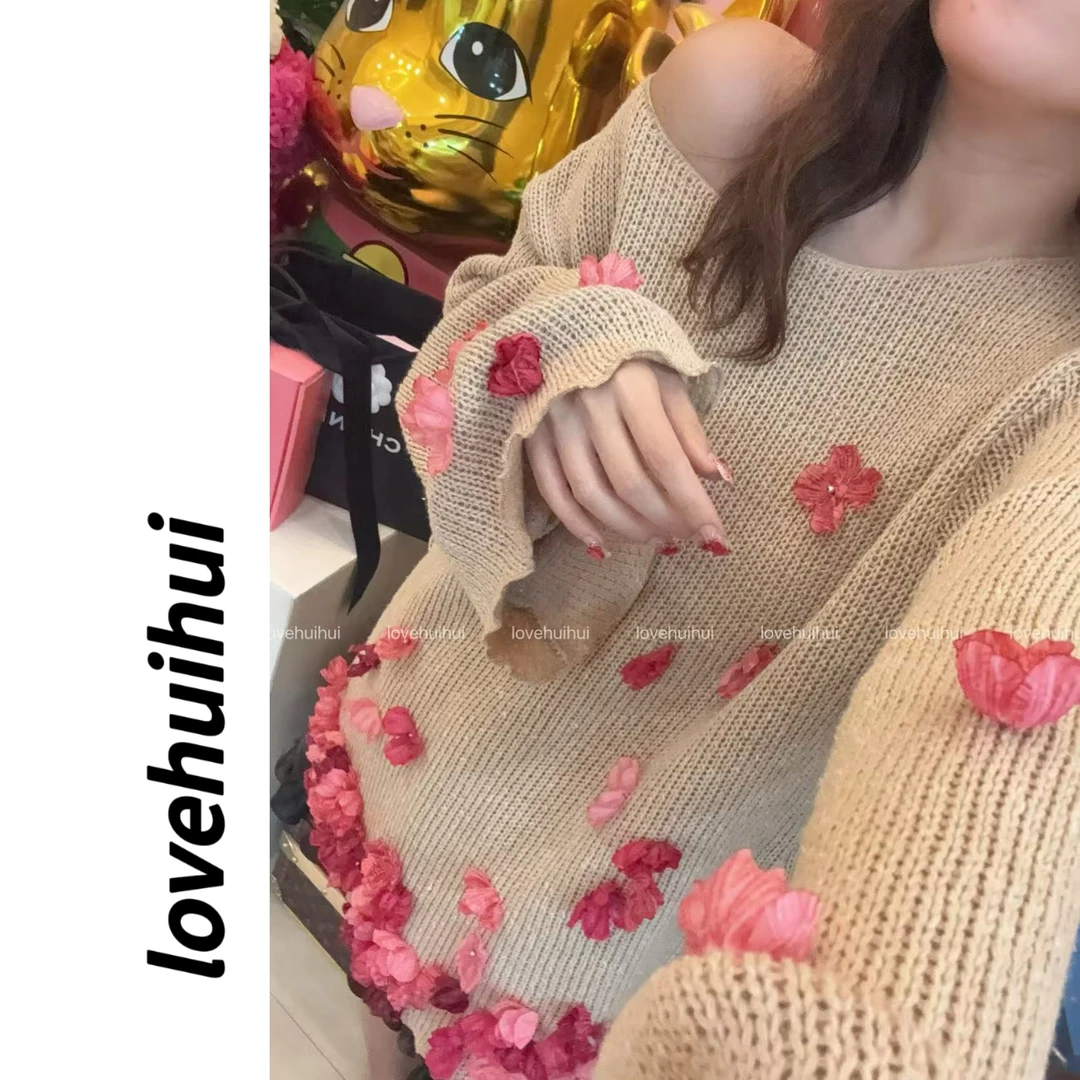 lovehuihui 《木棉花的生命力》时尚百搭手工缝制花朵毛衣