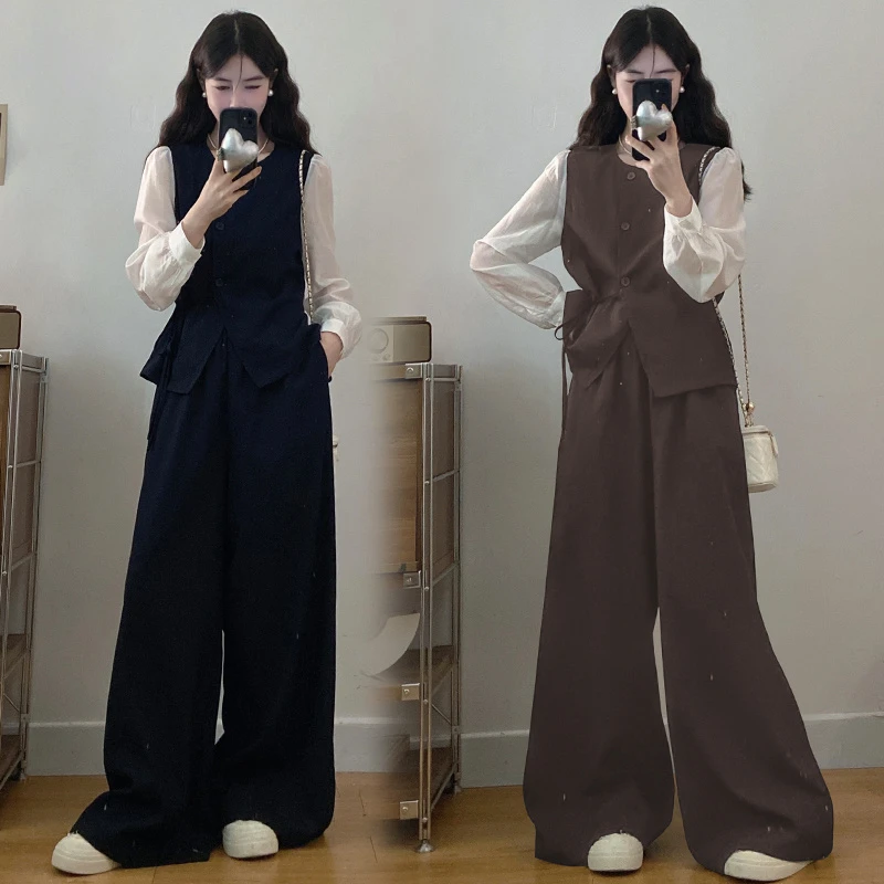 叽咕大码高级感老钱风套装女秋季新款松弛感系带马甲阔腿裤两件套