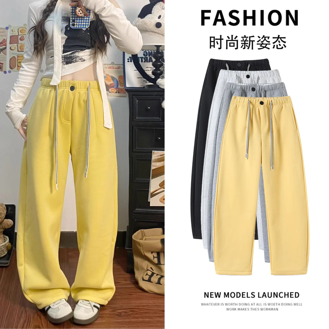 浅黄抽绳宽松版休闲裤舒适潮流的完美融合加绒加厚