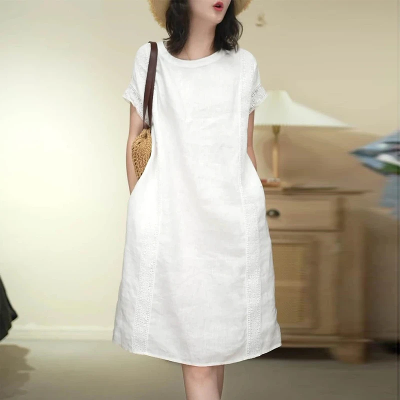 文艺复古白色短袖连衣裙女2025夏季新款宽松显瘦飞飞袖直筒A字裙