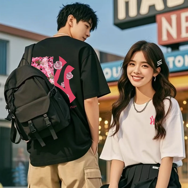 夏季纯棉圆领短袖落肩袖日常印花T恤学生情侣男士简约休闲