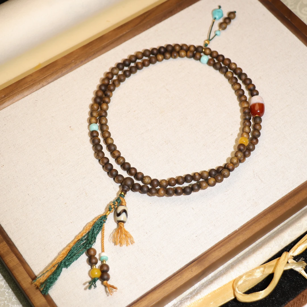 沉香【熊总夫妇】至醇甄选·天然沉香棋楠圆珠diy多圈项链-约6mm