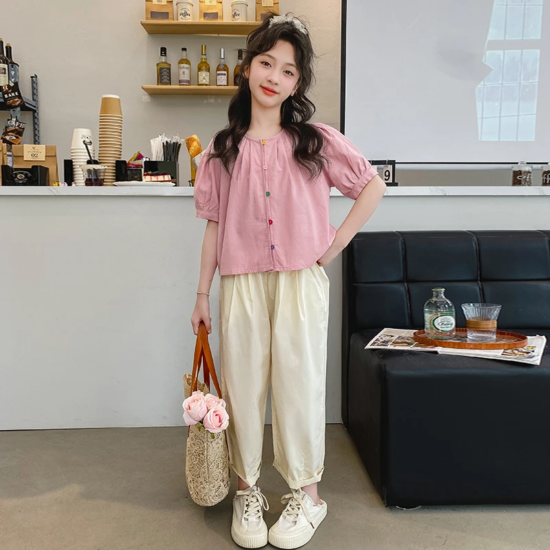 女童夏季套装2025新款儿童洋气时髦薄款夏装大童飞袖娃娃衫两件套