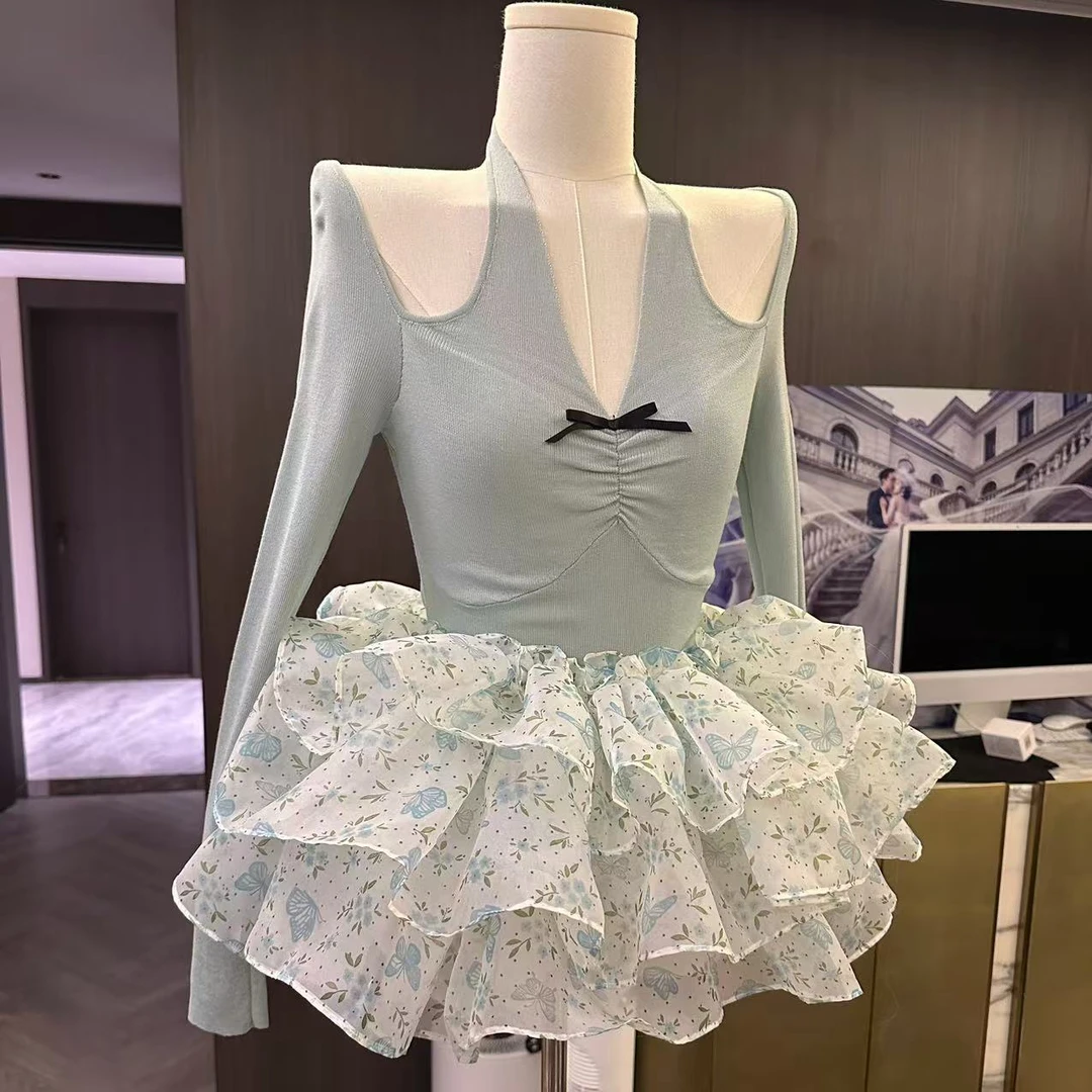 wyd小樱桃 【蝴蝶】 浅蓝色重工3层欧根纱蓬蓬裙带花苞打底裤