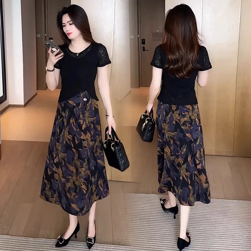 时尚雪纺连衣裙女2025夏季新款洋气遮肚子显瘦中长款大码碎花裙子