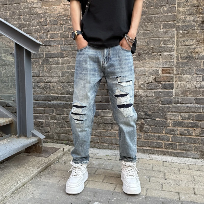男士百搭休闲裤2025秋季牛仔裤潮流直筒裤水洗宽松小脚裤做旧长裤
