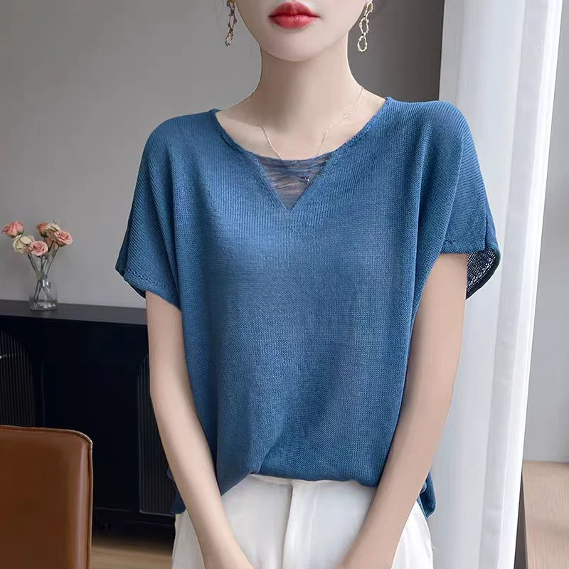 【海藻蓝】2025夏季新款V领针织短袖女镂空宽松显瘦百搭薄款上衣