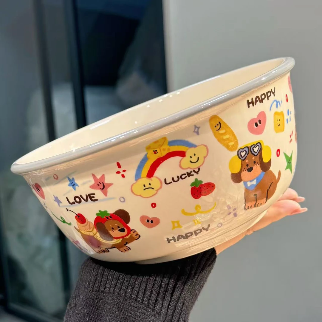 【圆和圈】出口韩国 彩虹幸运小狗陶瓷汤碗 泡面碗螺丝碗带灰边