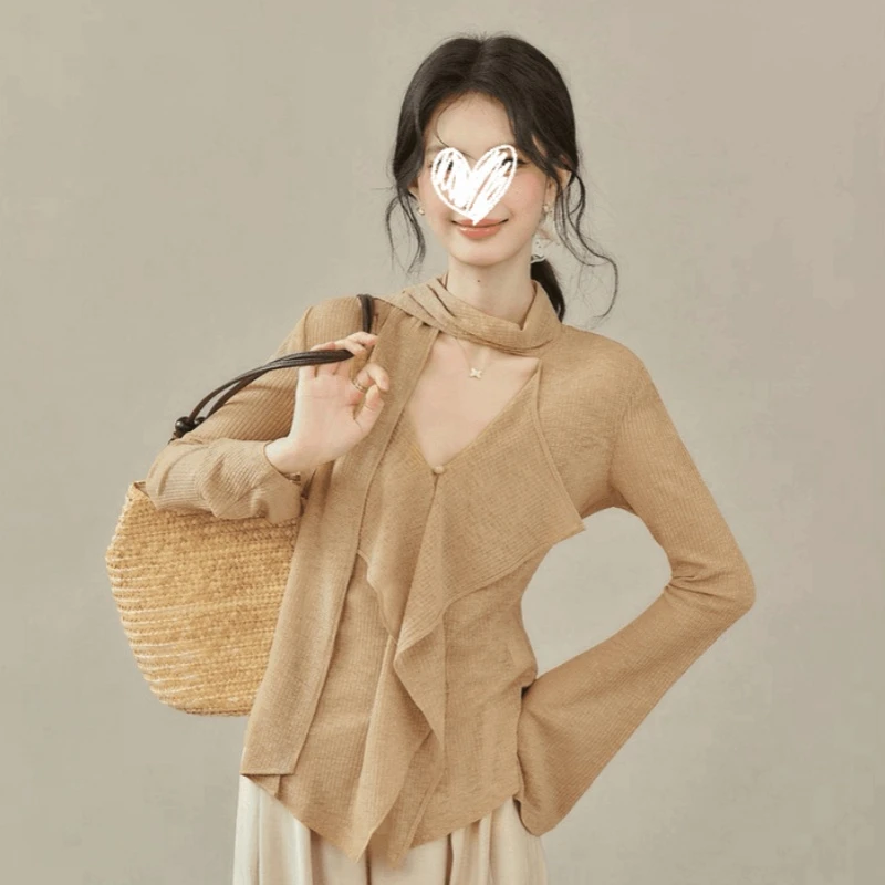 小众独特设计感飘带V领长袖打底衫女2025秋季简约百搭慵懒感上衣