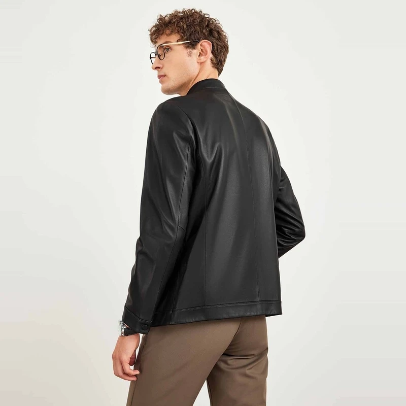 【七匹狼】男士春秋真皮皮衣短款商务休闲立领黑色皮夹克5746