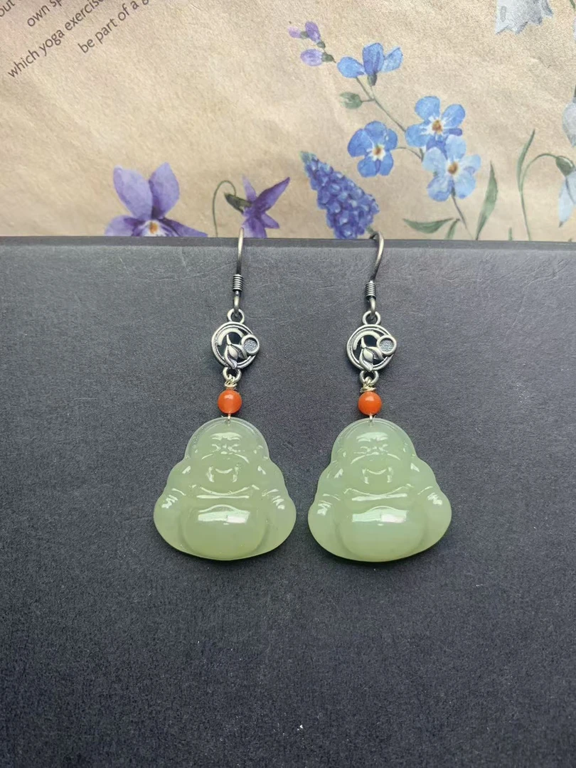 高端天然和田玉佛公绿耳饰时尚S925银冰绿真玉耳环复古精美F12