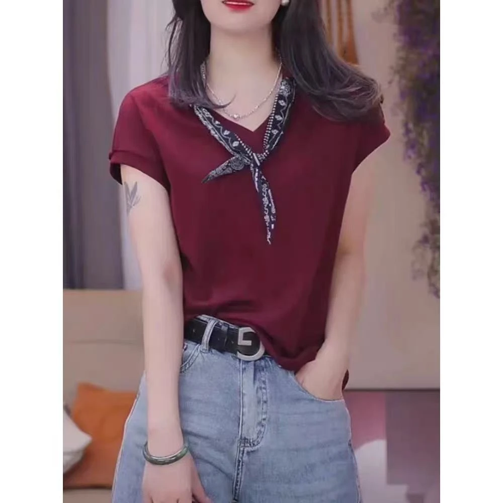 新款V领短袖飞飞袖无袖休闲风T恤休闲百搭韩版通勤风夏季宽松洋气