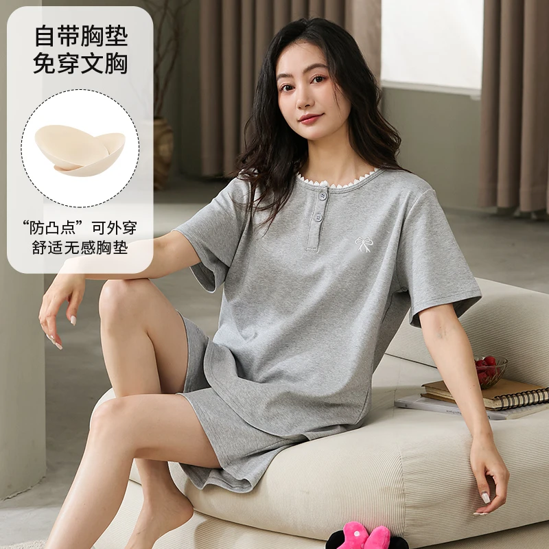 夏季睡衣女带胸垫套头短袖短裤长裤三件套可外穿家居服套装22676H