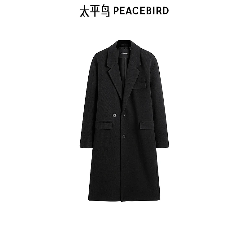 【商场同款】太平鸟男装 黑色休闲羊毛双面呢长款大衣男B1AAE4309