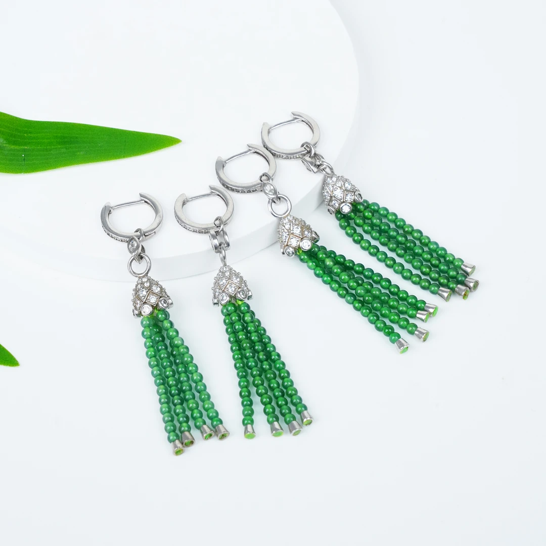 天然A货冰种翡翠 流苏耳坠 高冰满绿 S925银(多样性发其1)#F125
