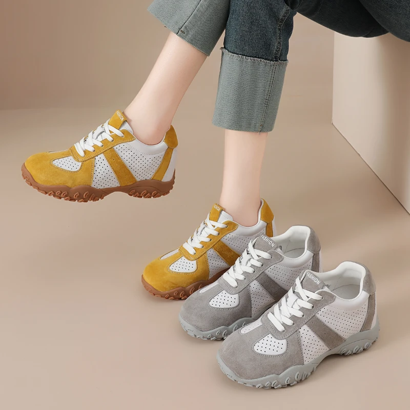 内增高小白鞋女款2025新款爆款小个子高级感真皮百搭透气德训鞋