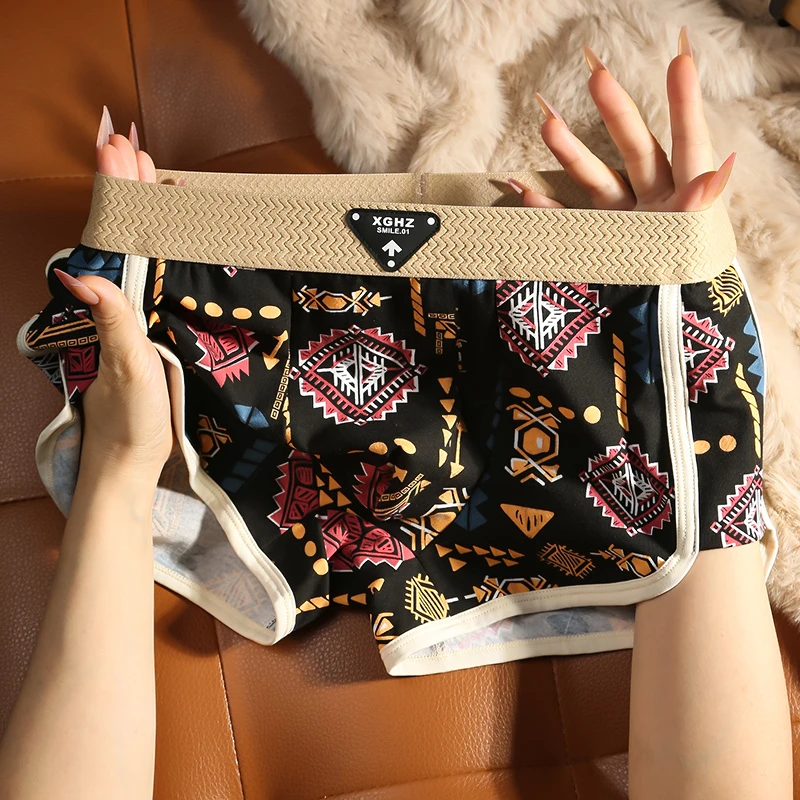 美式复古民族风男士内裤男纯棉透气平角裤潮流阿玛雅印花四角裤头