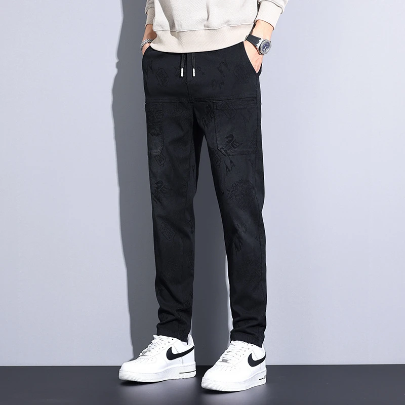 男士春季潮流个性休闲裤提花暗纹六兜高弹力直筒百搭宽松长裤子男