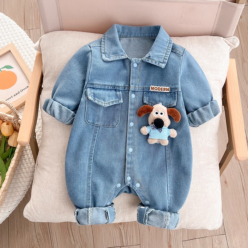 婴儿秋季新款连体衣男宝牛仔夏天外套哈衣新生儿女宝爬服春秋款