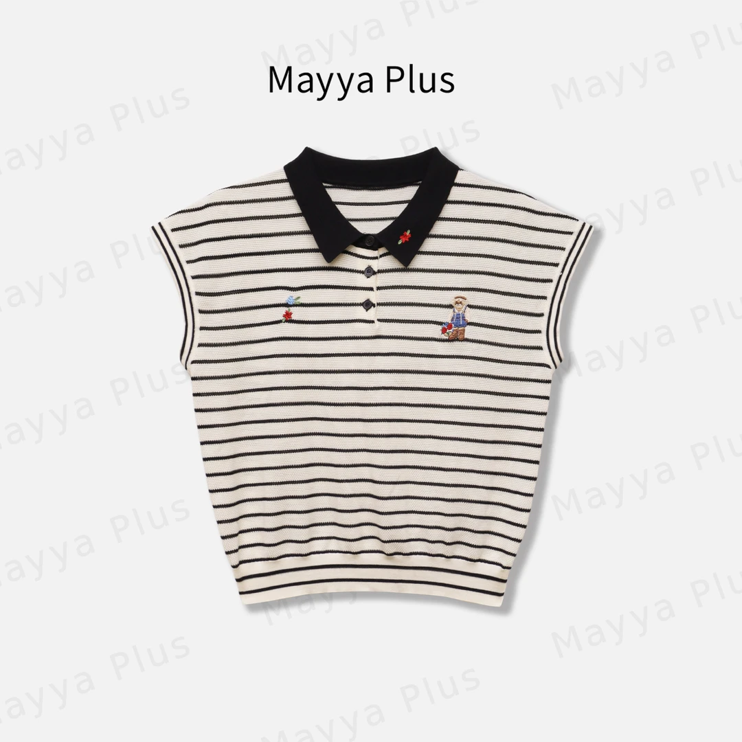 【小熊波比】Mayya Plus麦芽定制韩系刺绣标条纹Polo衫上衣32528156
