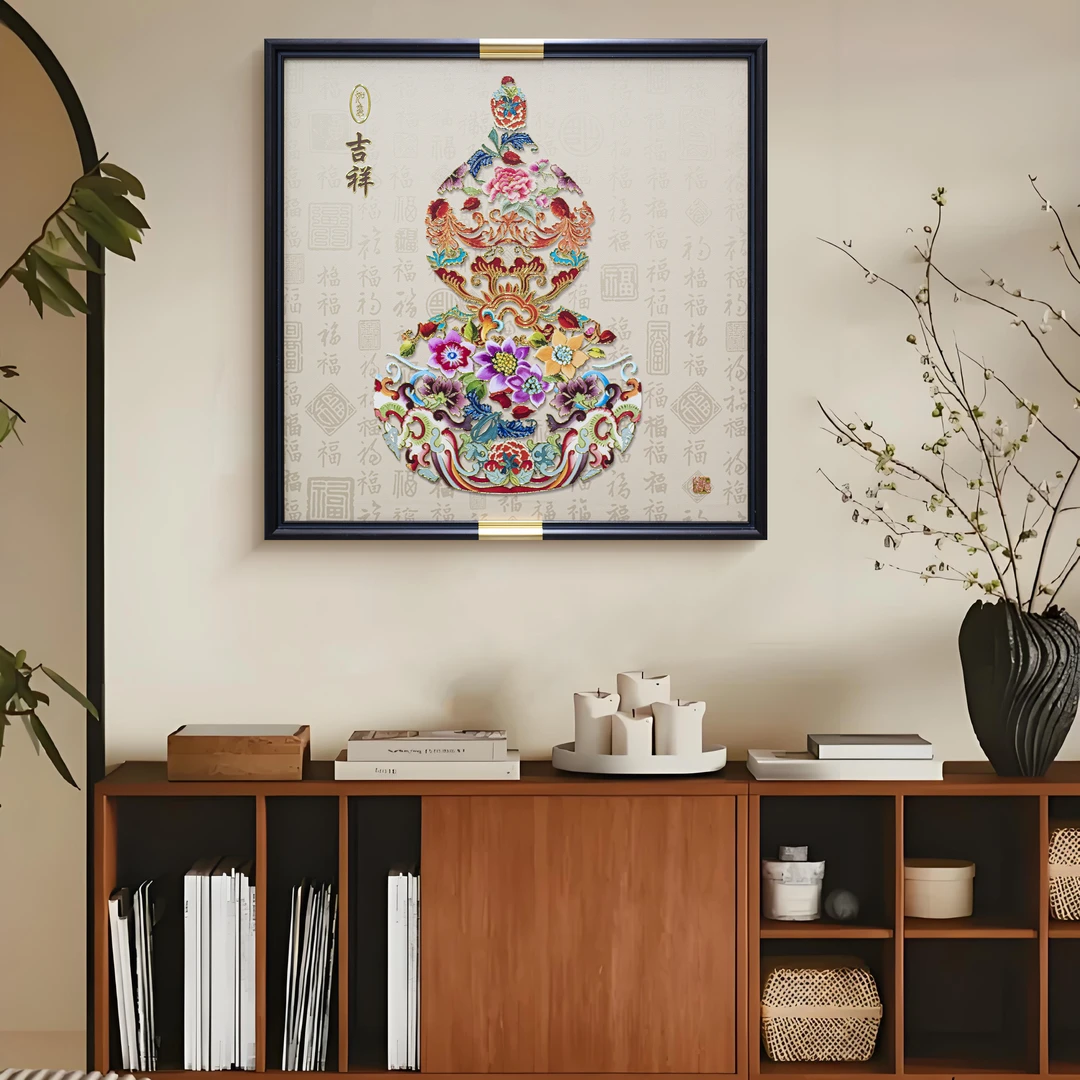 新中式福禄康宁装饰画皮革立体描金玄关卧室客厅餐厅挂画葫芦6565