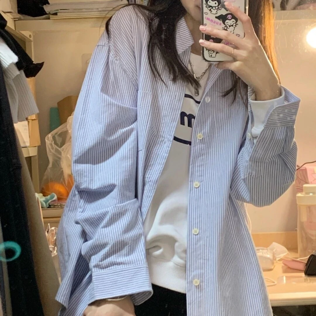 新款条纹衬衫上衣女春秋韩系宽松设计感小众初秋长袖衬衣休闲外套