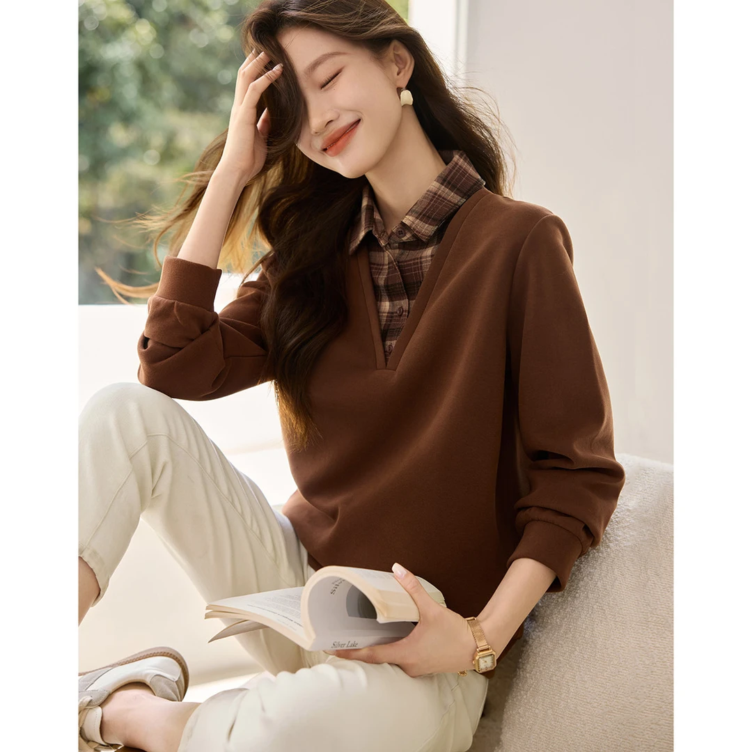 假两件撞色卫衣冬季假两件格子拼色衬衫领套头卫衣上衣