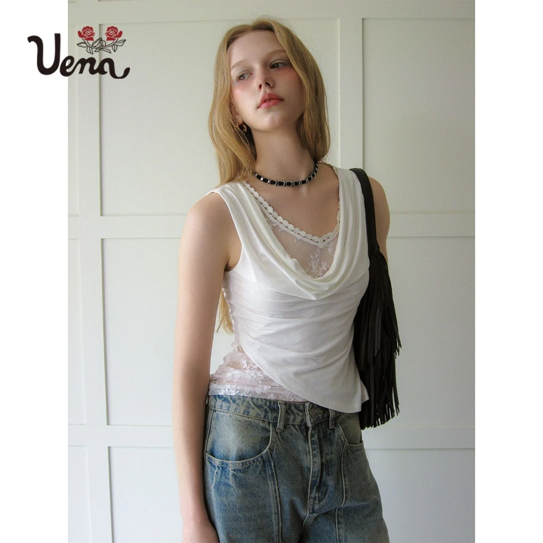 【你的雪宝】Uena白色蕾丝拼接荡领不规则抽褶下摆无袖T恤修身上衣