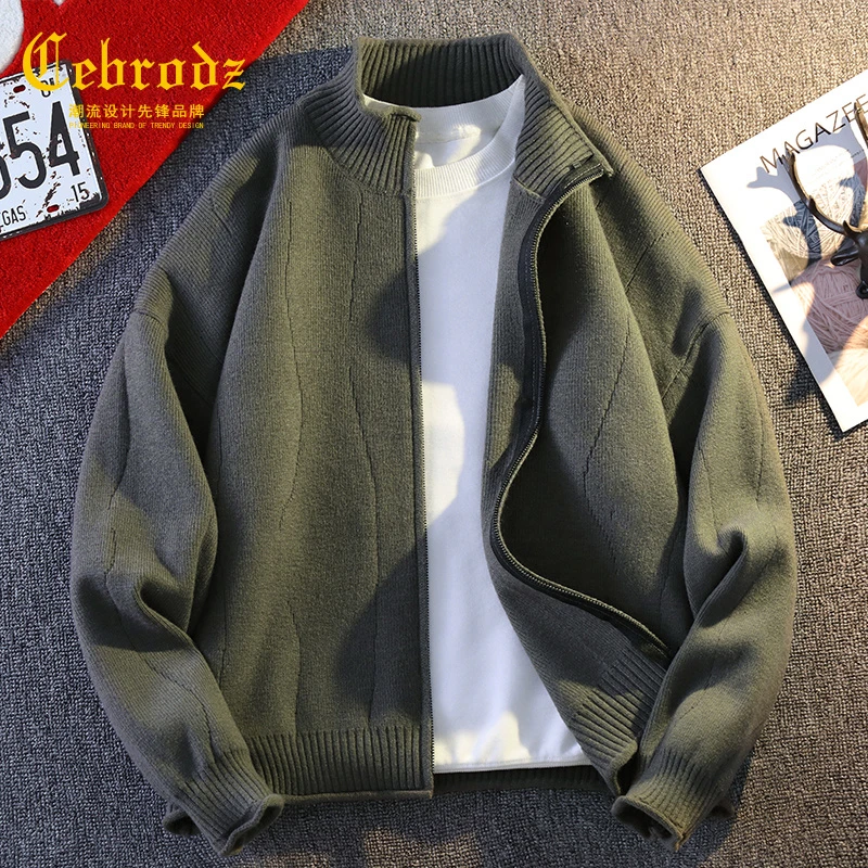 法国Cebrodz秋冬新款开衫潮流保暖休闲立领宽松拉链毛衣男士外套