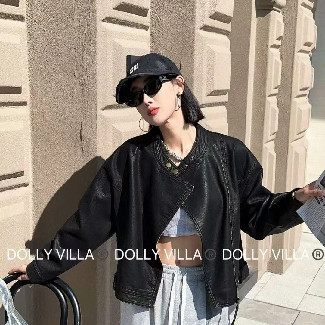 秋季宽松黑色重工水洗皮街头风口袋复古皮衣工装风