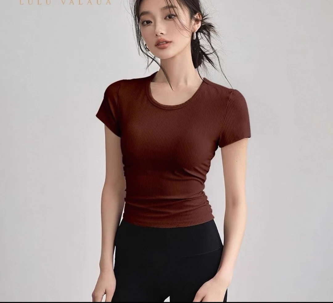 L*U修身显瘦瑜伽服短袖女圆领跑步运动上衣健身训练T恤