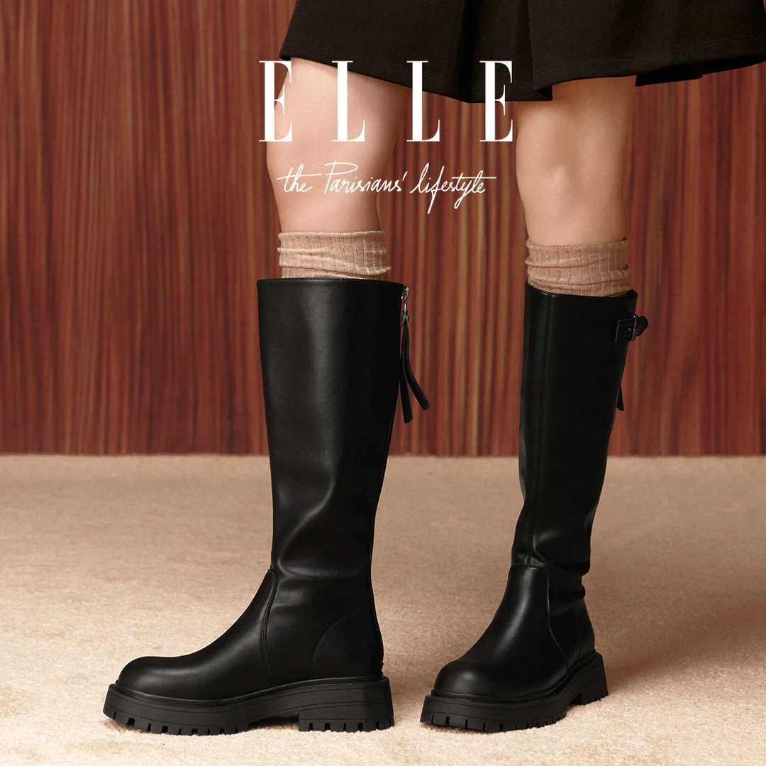 ELLE博主穿搭冬季酷飒机能风骑士靴女士复古圆头防水台厚底长筒靴