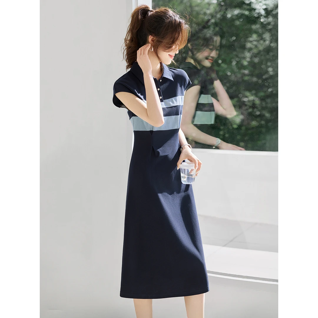 撞色拼接收腰POLO领裙子25夏季新款设计感复古显瘦连衣裙