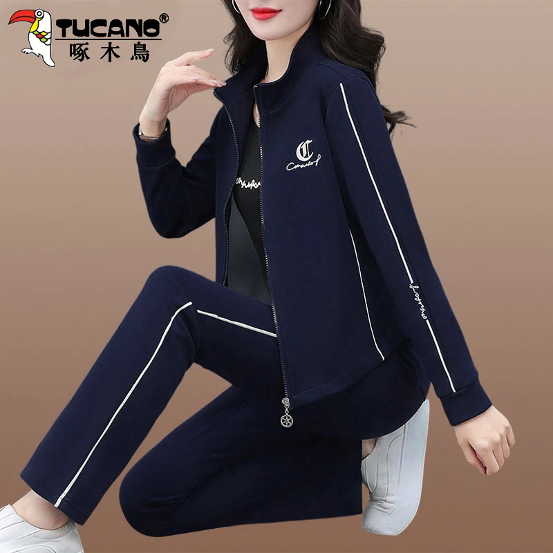 【官方】啄木鸟运动套装春秋新款中年妈妈女洋气显瘦开衫时尚两件套