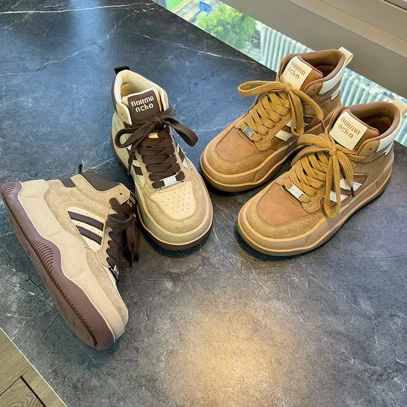名真皮高帮德训鞋女2025新款女士运动板鞋厚底女鞋休闲小白鞋女