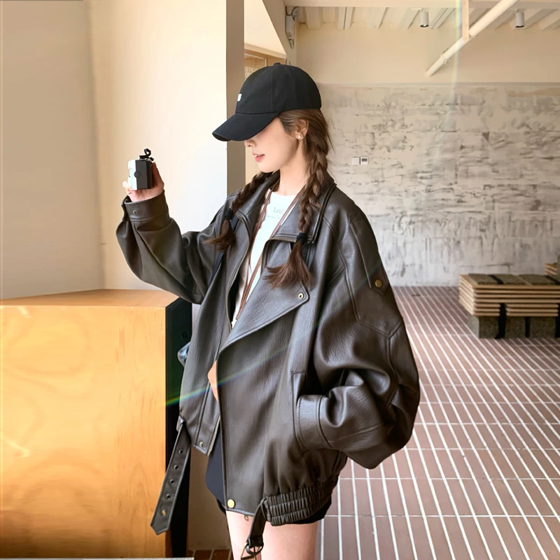美拉德棕色皮衣外套女春秋2025新款时髦潮酷小个子宽松廓形皮夹克