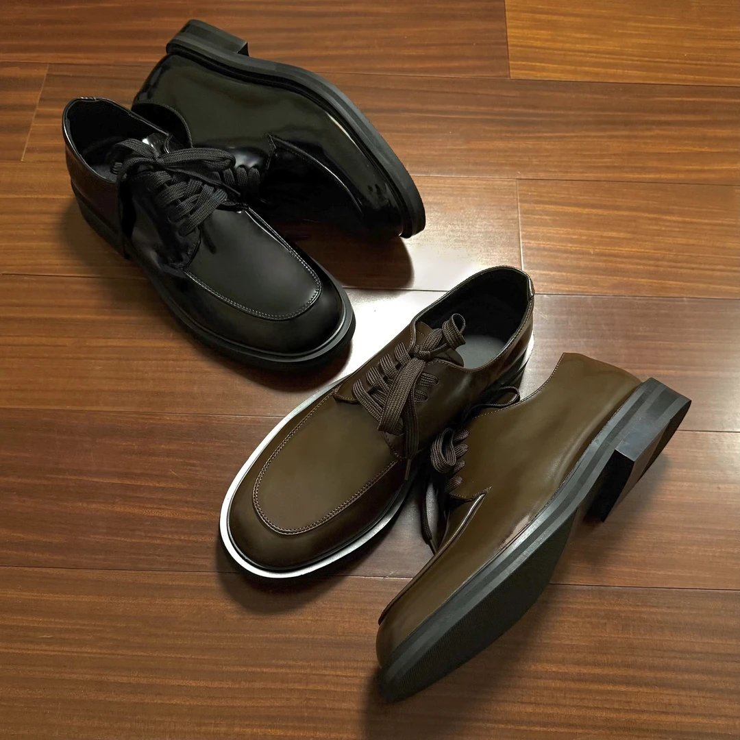 GKCC 意产头层皮油光烟熏方头德比休闲增高压线复古cleanfit皮鞋