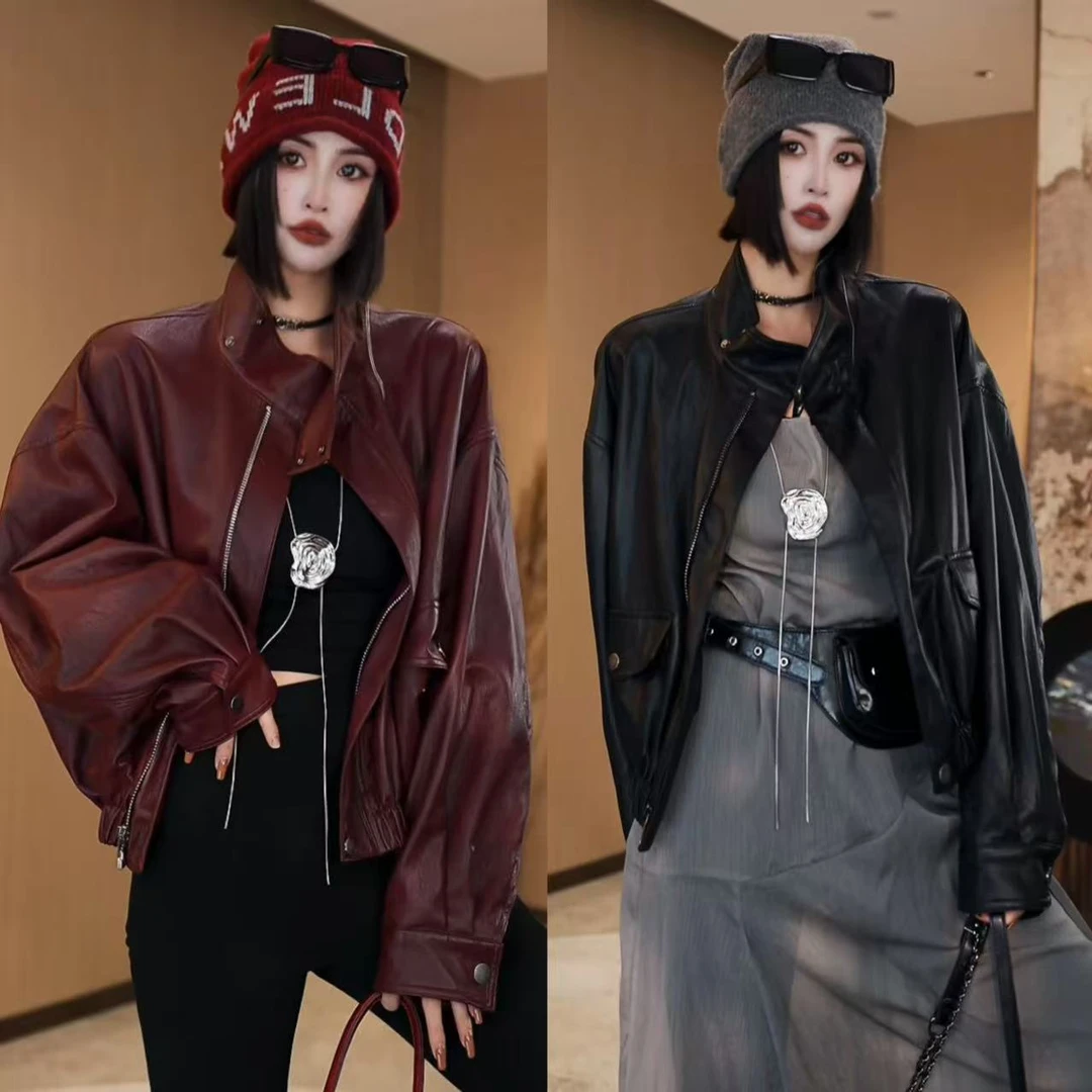 EH【柒柒】荔枝纹波尔多极简山夹克网红休闲短外套皮衣立领W2956