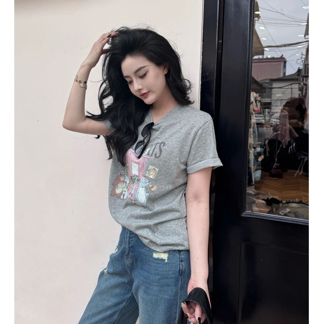 【猫猫世界】夏季新款美式复古卡通印花短袖T恤女宽松休闲百搭上衣