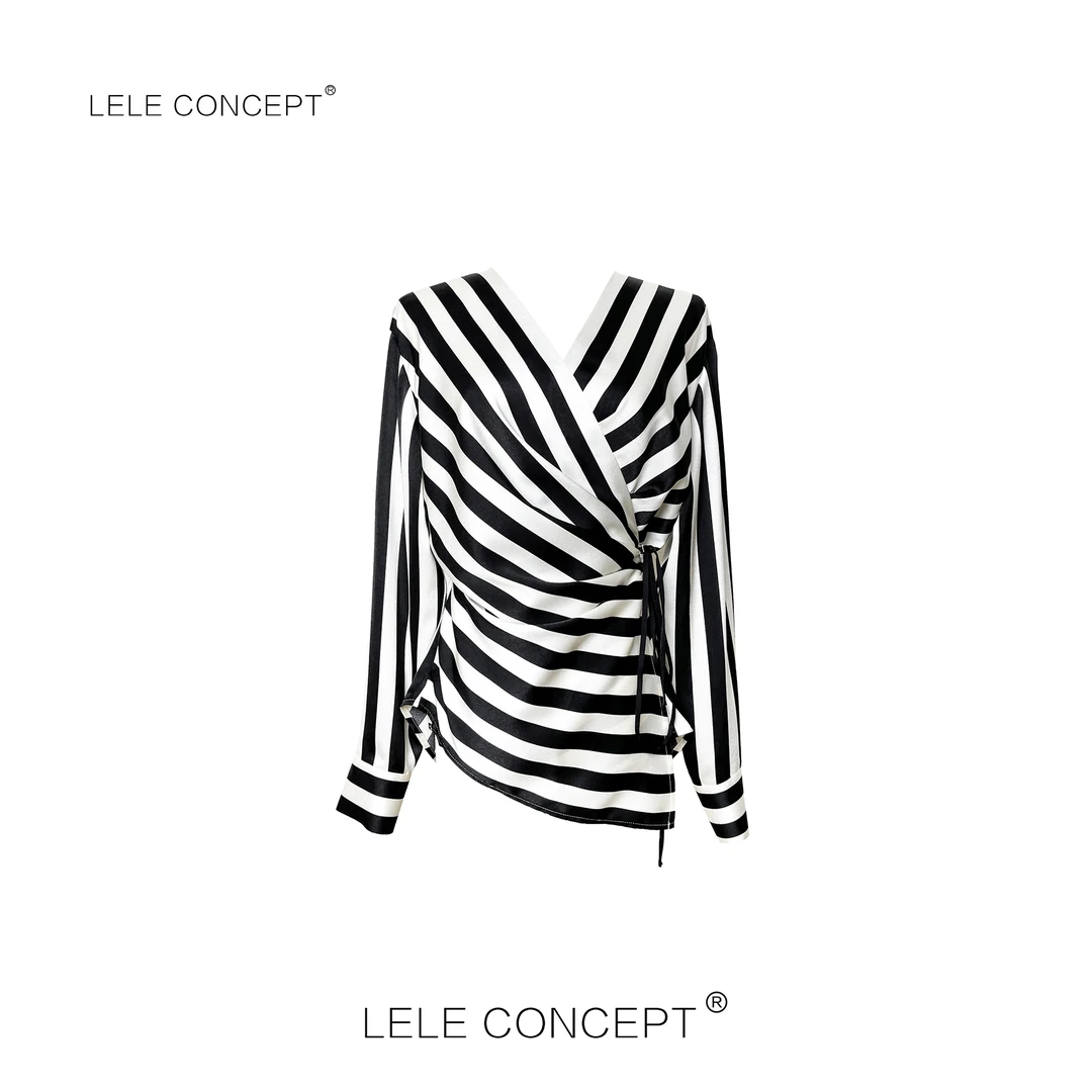 LELE CONCEPT｜都市轻奢气质款竖条纹系带上衣S0940
