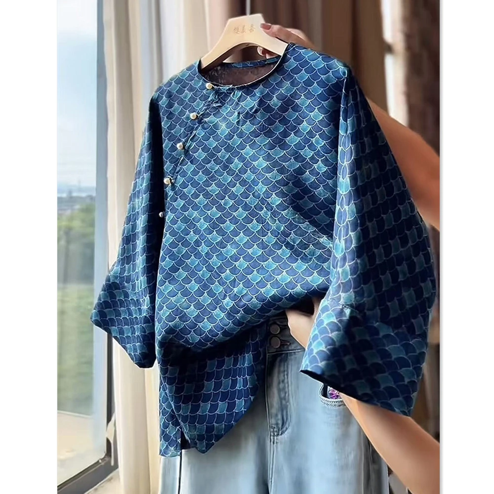 新中式老钱风龙鳞纹提花唐装小衫上衣女2025早秋国风斜襟圆领衬衫
