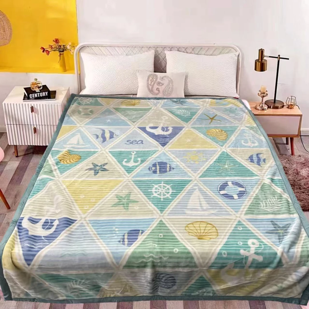 150*200cm 蓝色海洋拼图 双层  盖毯午睡毯多功能卧室加厚绒毛毯