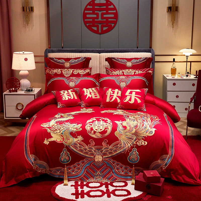中式纯棉刺绣绣花婚庆四件套六件套多件套结婚大红色喜庆婚被
