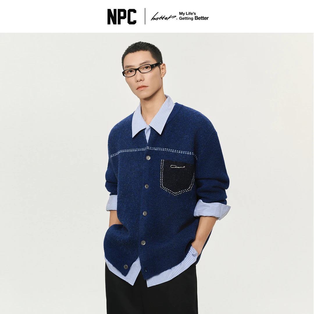 NPC潮牌撞色假口袋双色花纱针织毛衣宽松慵懒落肩复古冬NP5BSW06