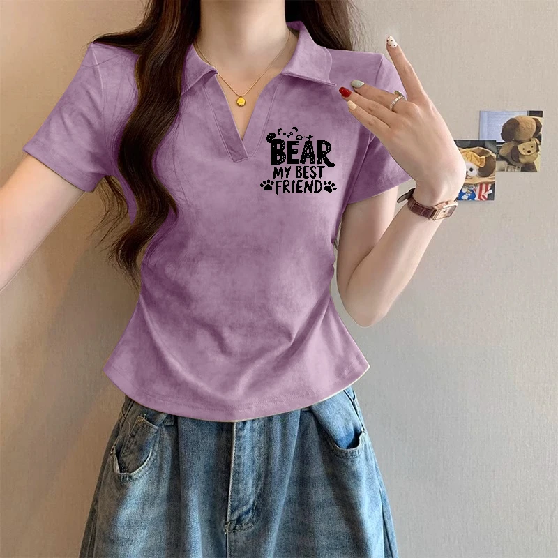 夏季新款美式复古字母印花短袖T恤女扎染显瘦独特别致Polo领上衣
