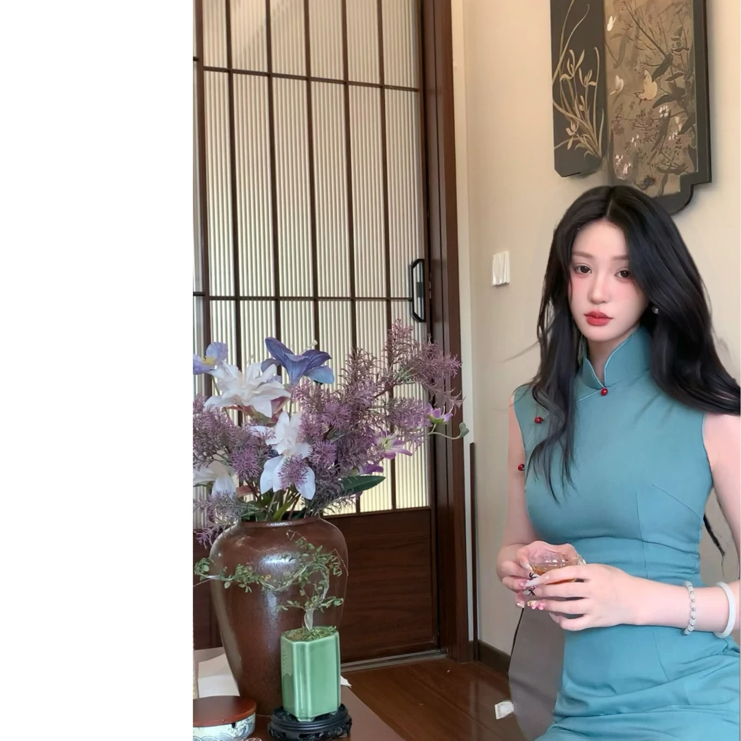 【天青】复古新中式微弹修身显瘦日常小清新改良款是少女苏州旗袍