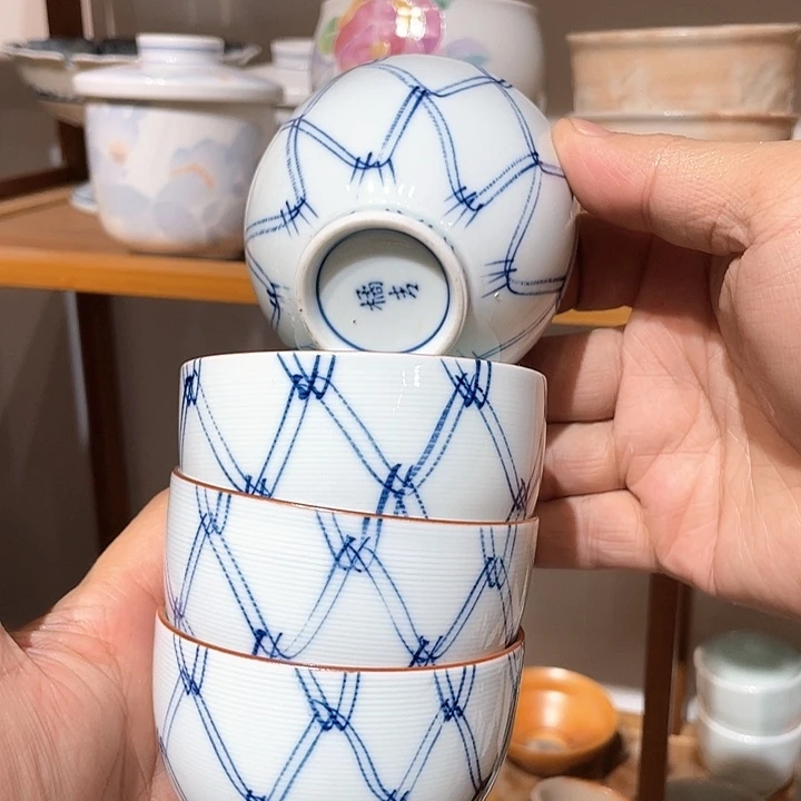紫砂222全新橘吉满手绘青花主人杯四只