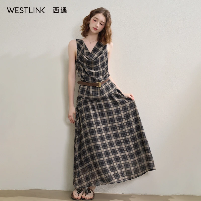1115西遇复古气质套装女2025秋季撞色格纹荡领背心搭半身裙两件套
