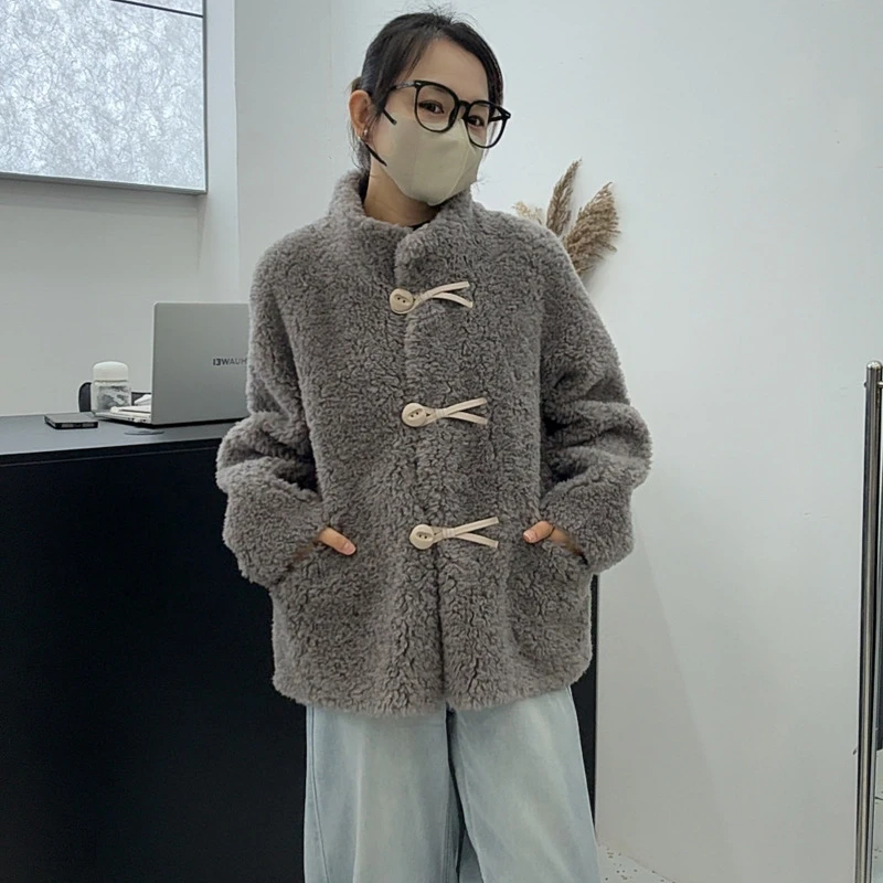 长袖女中长款立领纽扣人造皮草复古大衣冬季毛呢外套