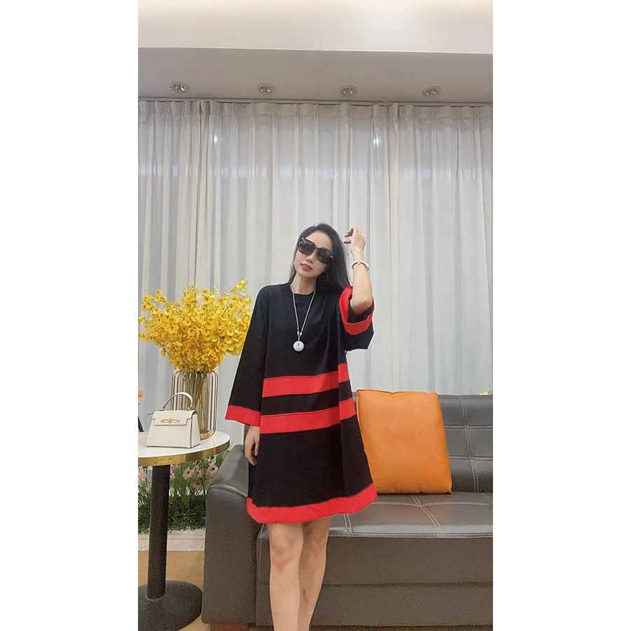 4272 秋季新款大码女装连衣裙长袖中长款宽松条纹裙子